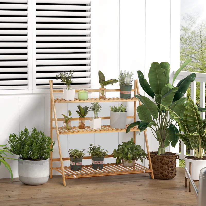 Outsunny Estantería para Plantas de 3 Niveles de Bambú Soporte para Flores Plegable Estantería para Macetas para Interiores y Exteriores 98x37x96,5 cm Natural