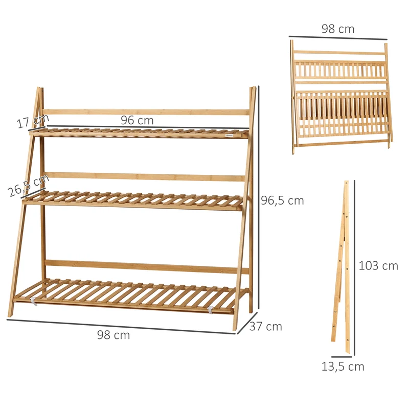 Outsunny Estantería para Plantas de 3 Niveles de Bambú Soporte para Flores Plegable Estantería para Macetas para Interiores y Exteriores 98x37x96,5 cm Natural