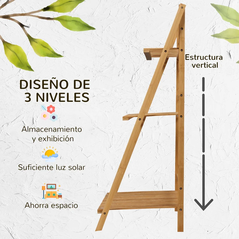 Outsunny Estantería para Plantas de 3 Niveles de Bambú Soporte para Flores Plegable Estantería para Macetas para Interiores y Exteriores 98x37x96,5 cm Natural