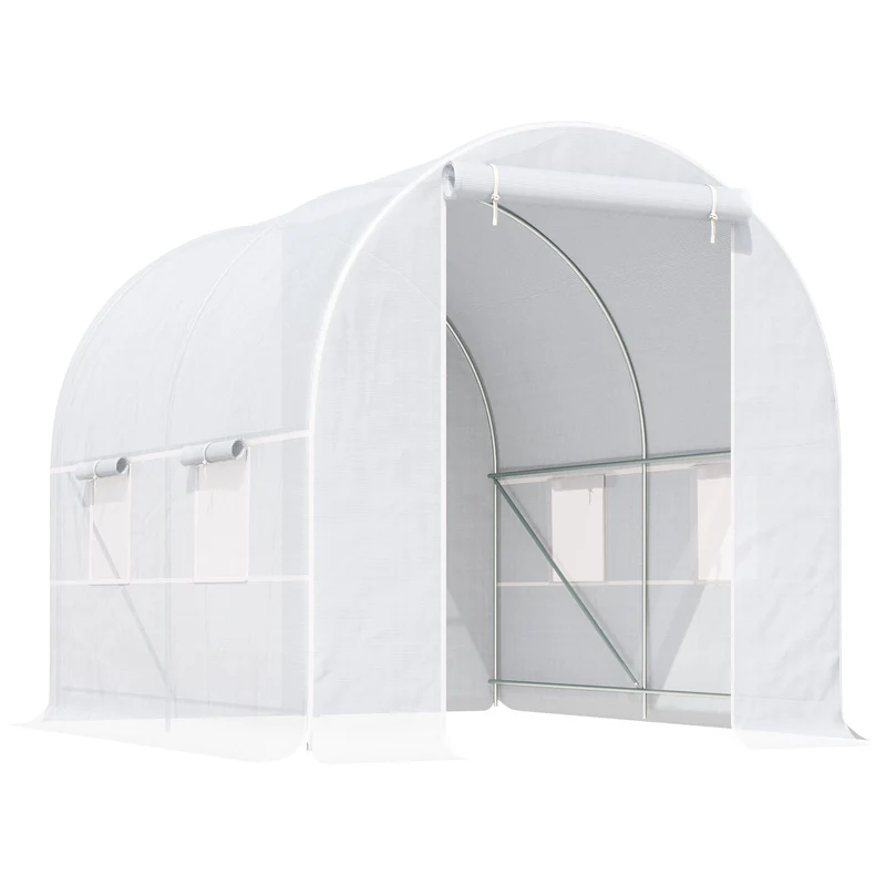 Outsunny Invernadero de Exterior 2,5x2x2 m Invernadero de Túnel con 4 Ventanas de Malla y Puerta Enrollable con Cremallera Invernadero de Huerto Anti-UV para Patio Jardín Blanco