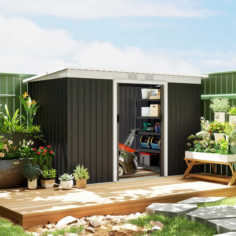 Outsunny Caseta de Jardín Exterior 3,2 m² 280x130x172 cm Cobertizo de Jardín Exterior con Puerta Corredera Techo Inclinado Base Refuerzo (Suelo NO Incluido) y 2 Ventanas Gris Oscuro
