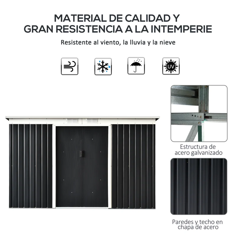 Outsunny Caseta de Jardín Exterior 3,2 m² 280x130x172 cm Cobertizo de Jardín Exterior con Puerta Corredera Techo Inclinado Base Refuerzo (Suelo NO Incluido) y 2 Ventanas Gris Oscuro