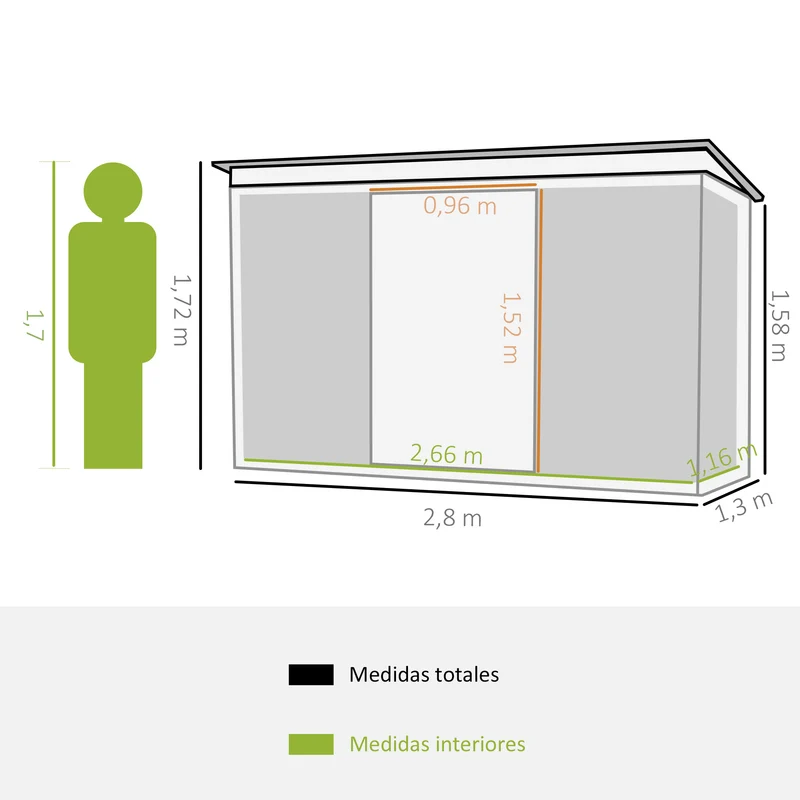 Outsunny Caseta de Jardín Exterior 3,2 m² 280x130x172 cm Cobertizo de Jardín Exterior con Puerta Corredera Techo Inclinado Base Refuerzo (Suelo NO Incluido) y 2 Ventanas Verde