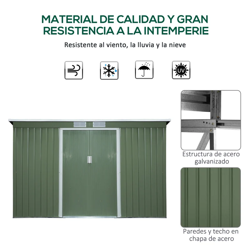 Outsunny Caseta de Jardín Exterior 3,2 m² 280x130x172 cm Cobertizo de Jardín Exterior con Puerta Corredera Techo Inclinado Base Refuerzo (Suelo NO Incluido) y 2 Ventanas Verde