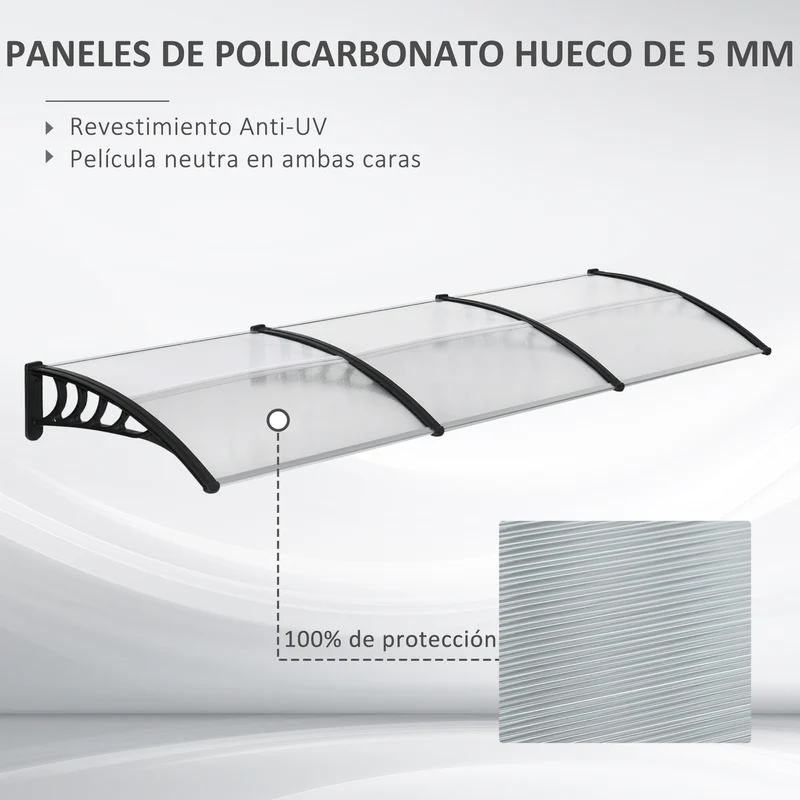 Outsunny Tejadillo de Protección 303x96 cm Marquesina Exterior para Puertas y Ventanas contra Sol y Lluvia con Soporte de Aleación de Aluminio PP Policarbonato Transparente