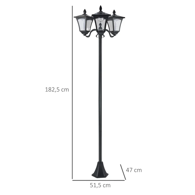 Outsunny Farol Solar de Jardín con 3 Luces LED Impermeable IP44 Sensor de Noche Farola de Exterior para Camino Terraza Patio 51,5x47x182,5 cm Negro