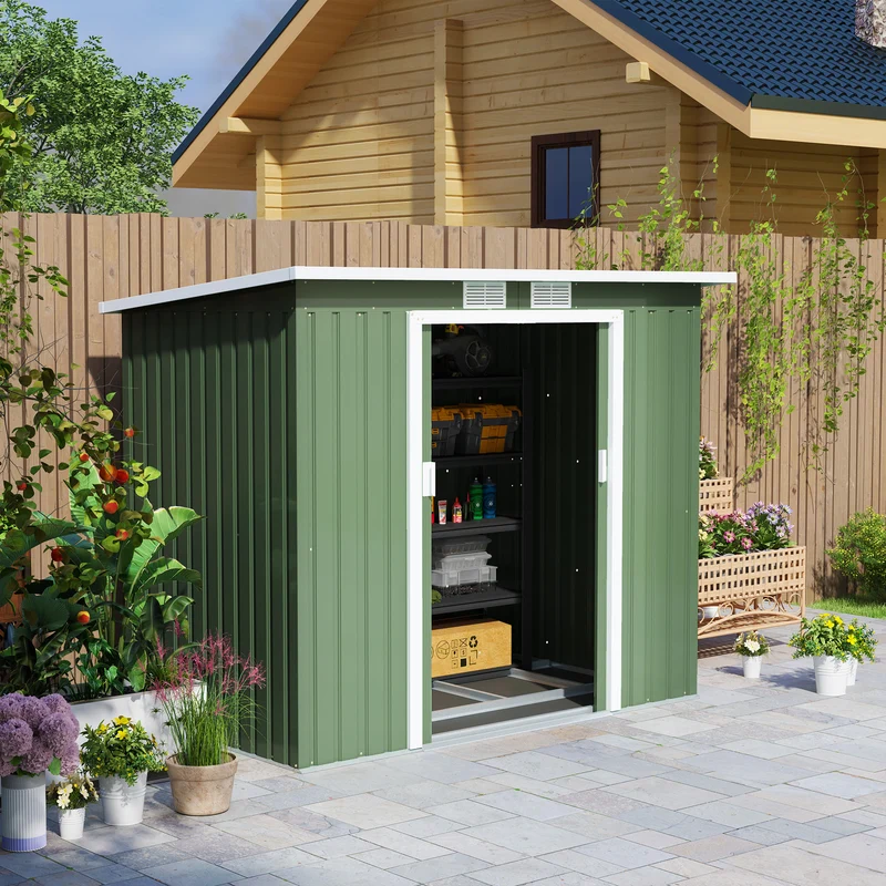 Outsunny Caseta de Jardín Exterior 2,42 m² 213x130x172 cm Cobertizo de Jardín Exterior con Puerta Corredera Techo Inclinado Base Refuerzo (Suelo NO Incluido) y 2 Ventanas Verde