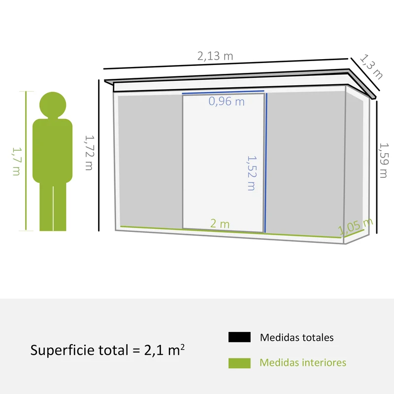 Outsunny Caseta de Jardín Exterior 2,42 m² 213x130x172 cm Cobertizo de Jardín Exterior con Puerta Corredera Techo Inclinado Base Refuerzo (Suelo NO Incluido) y 2 Ventanas Verde