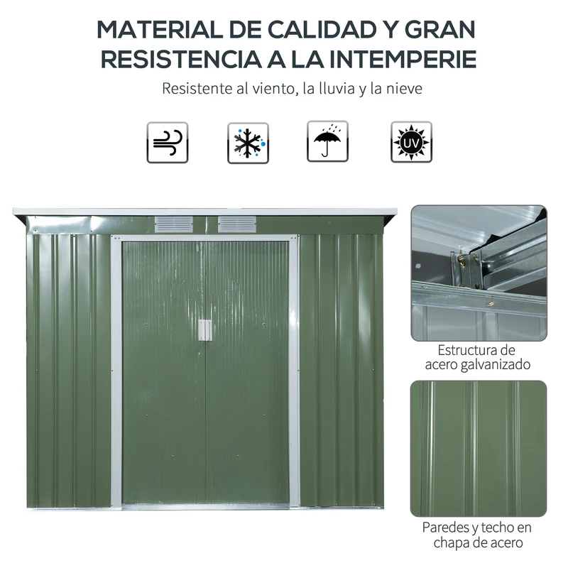 Outsunny Caseta de Jardín Exterior 2,42 m² 213x130x172 cm Cobertizo de Jardín Exterior con Puerta Corredera Techo Inclinado Base Refuerzo (Suelo NO Incluido) y 2 Ventanas Verde