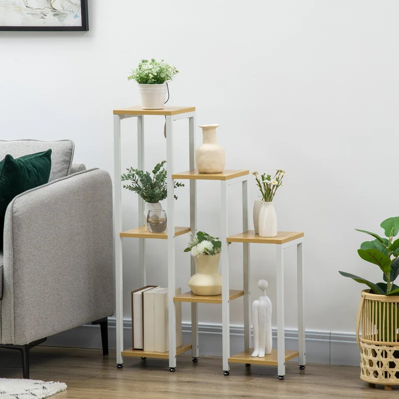 Outsunny Soporte para Plantas Estantería para Flores Soporte para Exhibición de Macetas con 7 Estantes y Marco de Acero para Interiores Exteriores 65x23x94,5 cm Natural y Blanco