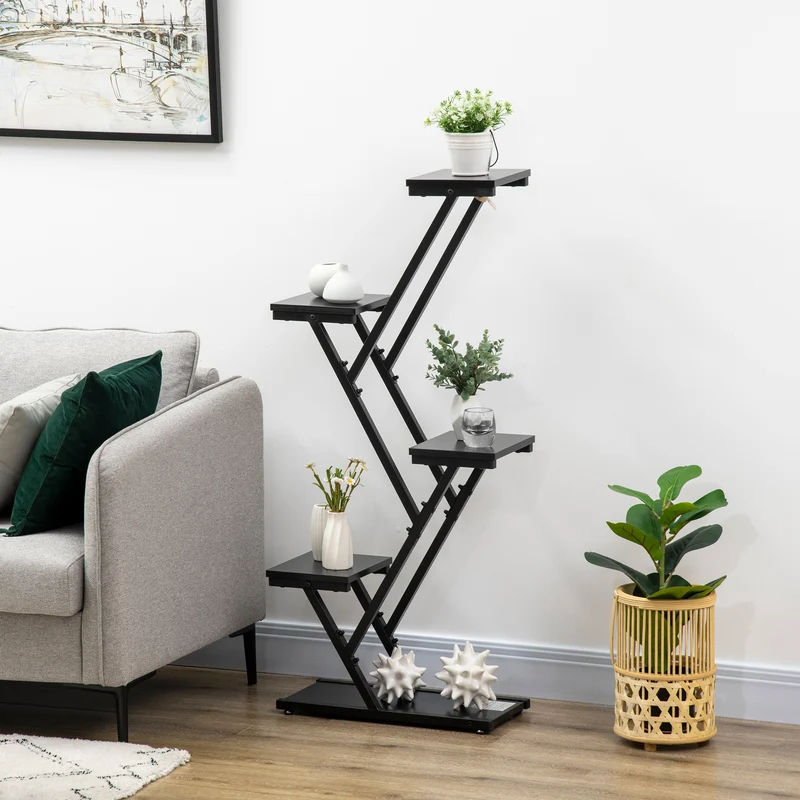 Outsunny Soporte para Plantas de 4 Niveles Estantería de Madera para Macetas con Marco de Acero para Interiores Exteriores Salón Dormitorio 53x24x119,5 cm Negro