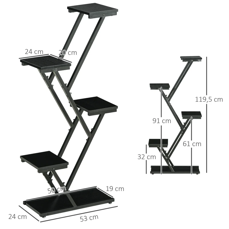 Outsunny Soporte para Plantas de 4 Niveles Estantería de Madera para Macetas con Marco de Acero para Interiores Exteriores Salón Dormitorio 53x24x119,5 cm Negro