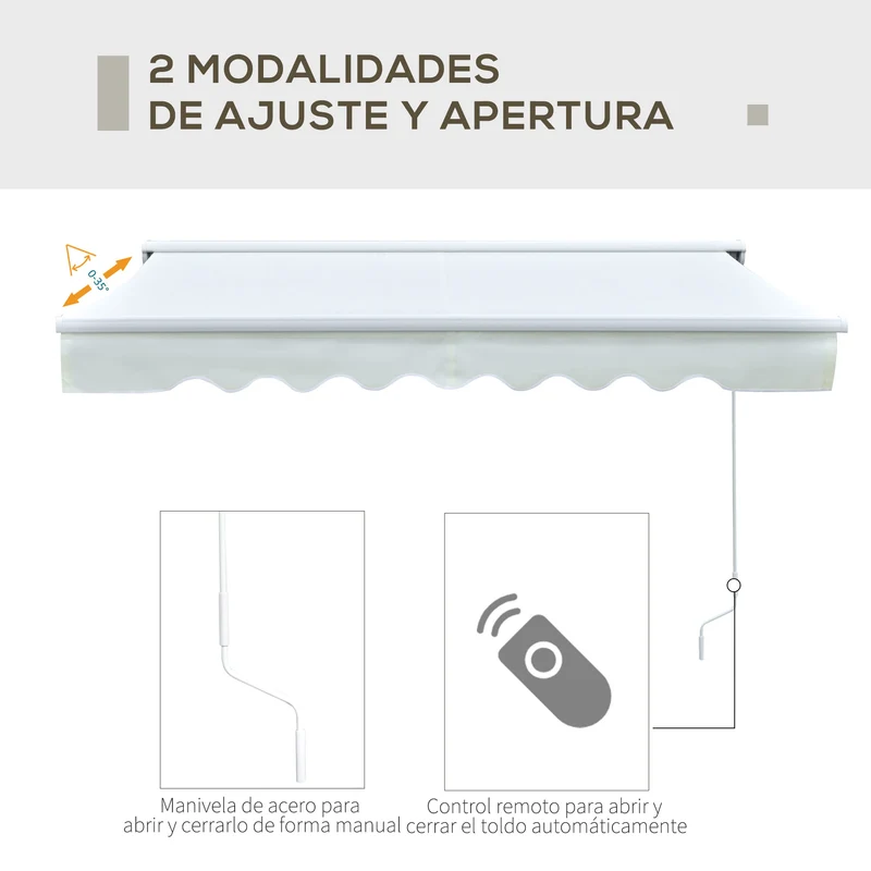 Outsunny Toldo Retráctil de Pared 250x200 cm Automática y Manual con Manivela y Mando a Distancia Luces LED Ajustable en Ángulo para Exterior Balcón Jardín Terraza Aluminio Blanco