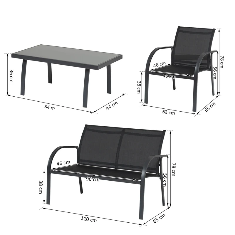 Conjunto Set Muebles de Jardín para Interiores y Exteriores 4 Piezas Incluye Una Mesa 84x44x36cm Dos Sillones 67x60x76 cm y Una Sofá 67x110x76 cm Estilo Elegante Negro