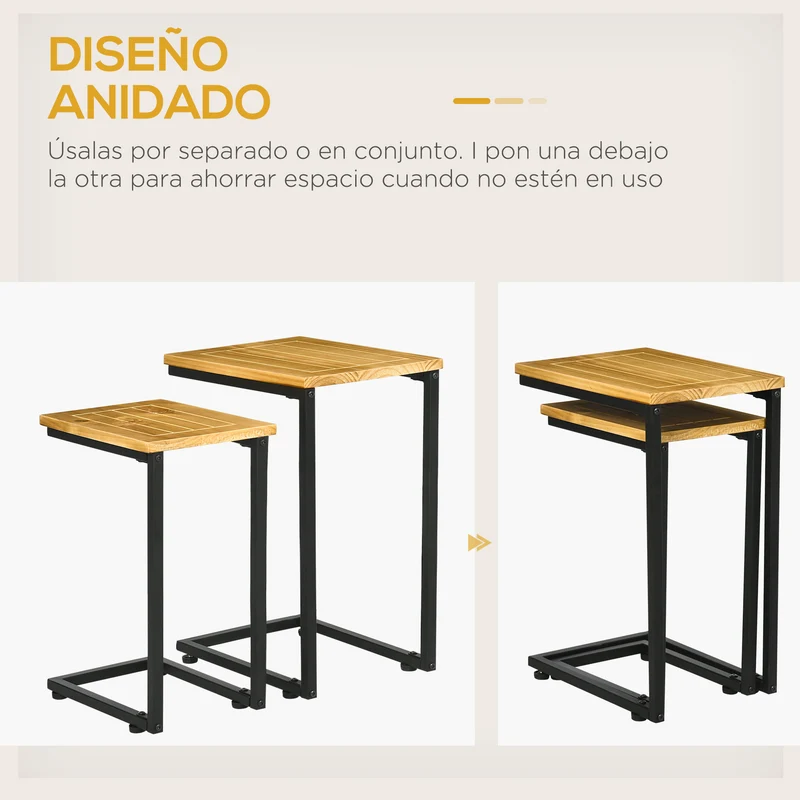Outsunny Juego de 2 Mesas Auxiliares de Jardín Mesas Apilables en Forma de C con Marco de Metal y Tapa de Madera para Uso en Interiores y Exteriores 40x30x60 cm y 35x24,5x52 cm Marrón Claro