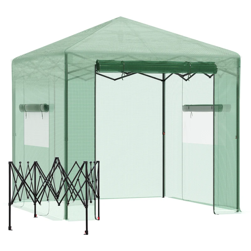 Outsunny Invernadero de Jardín Plegable 240x180x240 cm Caseta Vivero para Cultivos Plantas Flores con 2 Ventanas y Puerta con Cremallera de Acero y PE Verde