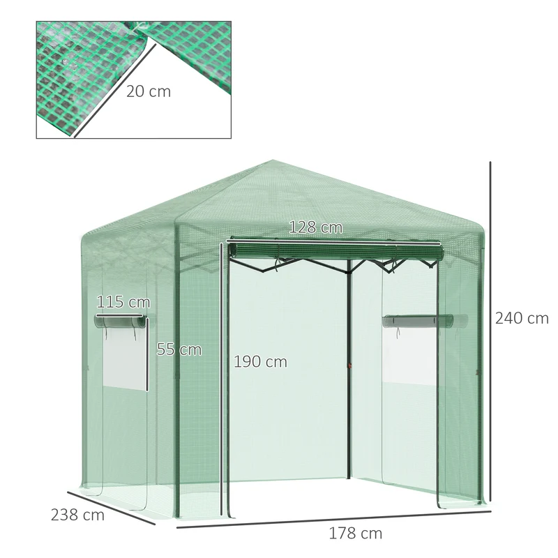 Outsunny Invernadero de Jardín Plegable 240x180x240 cm Caseta Vivero para Cultivos Plantas Flores con 2 Ventanas y Puerta con Cremallera de Acero y PE Verde