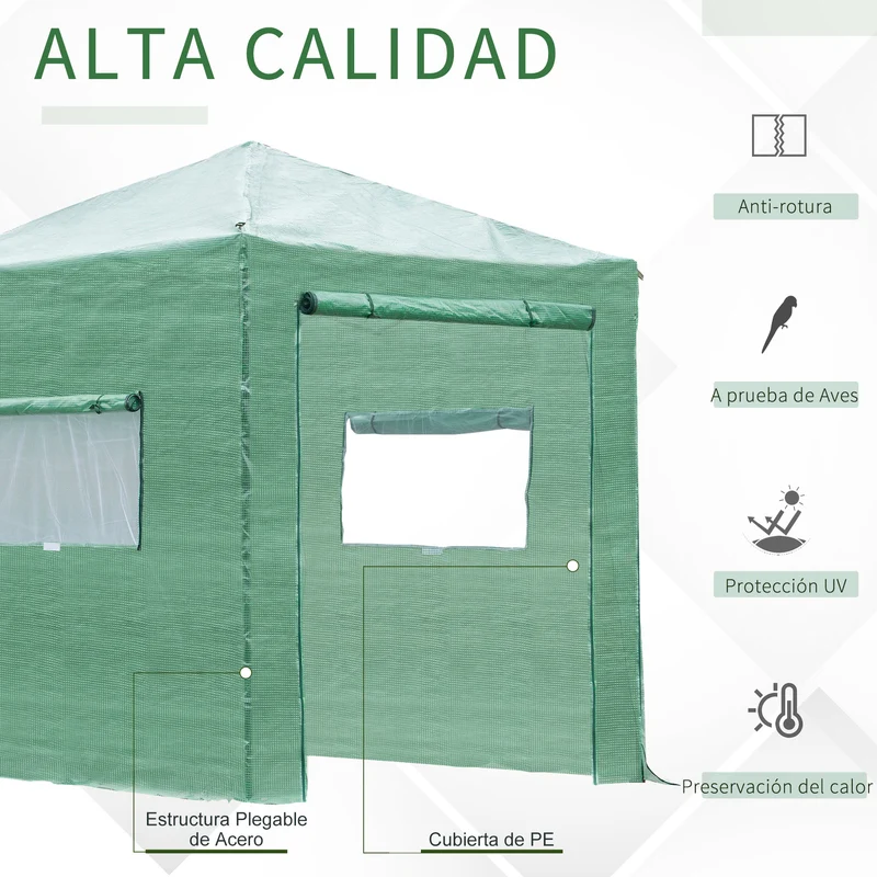 Outsunny Invernadero de Jardín Plegable 240x180x240 cm Caseta Vivero para Cultivos Plantas Flores con 2 Ventanas y Puerta con Cremallera de Acero y PE Verde