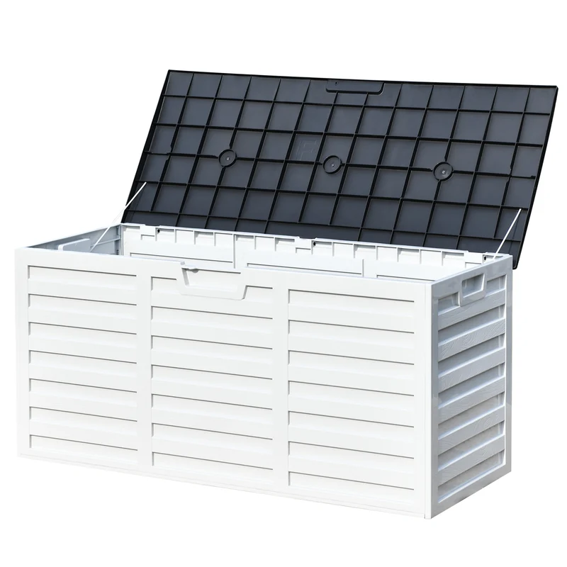 Outsunny Baúl de Almacenamiento Exterior 260L con Asas y Ruedas Incorporados Ojos de candado Arcón para Patio Jardín Piscina 112x49x53,5 cm Blanco