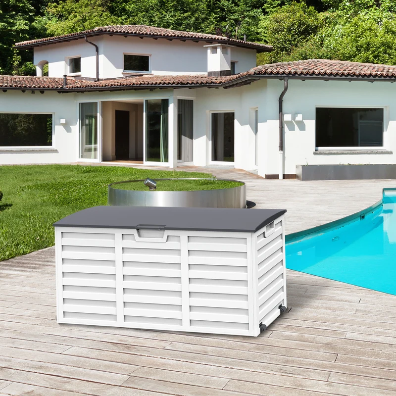 Outsunny Baúl de Almacenamiento Exterior 260L con Asas y Ruedas Incorporados Ojos de candado Arcón para Patio Jardín Piscina 112x49x53,5 cm Blanco