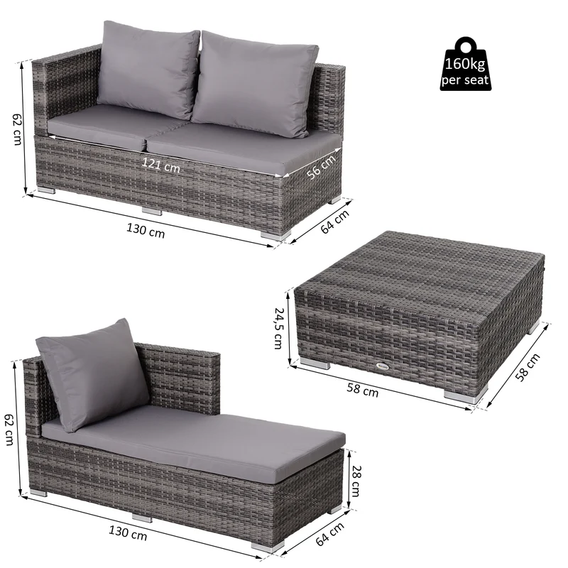 Outsunny Conjunto de Sofás de Ratán 3 Piezas con Chaiselongue y Mesa de Centro Almacenaje Respaldo Ajustable en Altura Alta Comodidad Color Gris