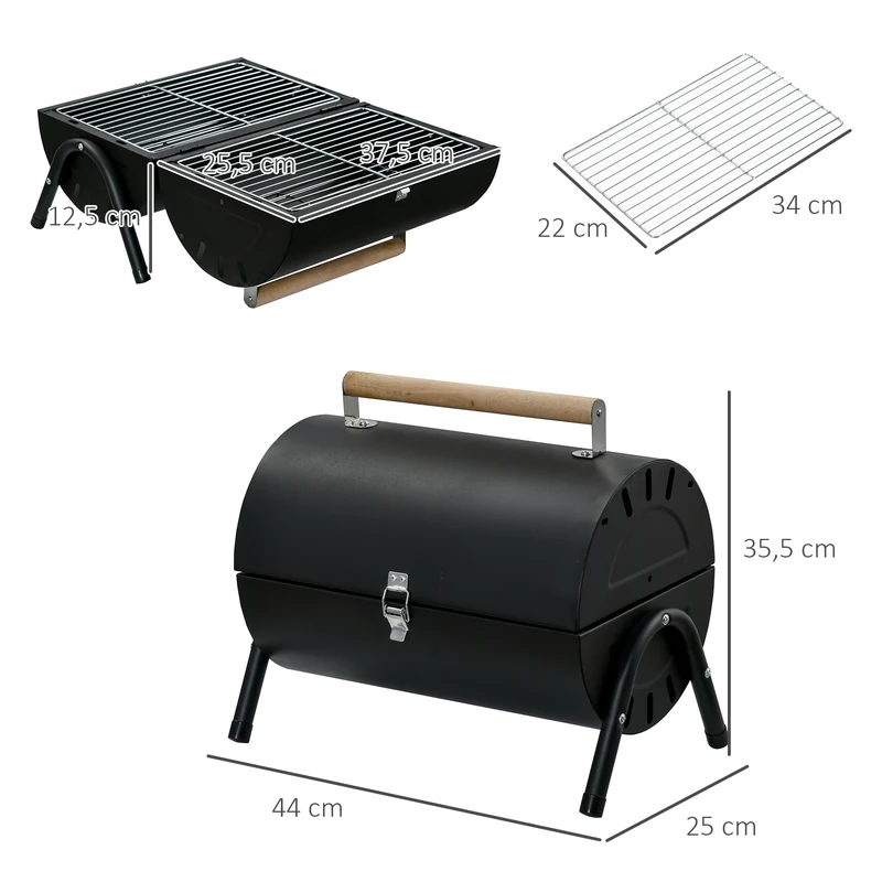 Outsunny Barbacoa de Carbón Portátil Barbacoa Sobremesa con 2 Parrillas Cocina con Asa y Cierre para Asar Picnic Camping Fiesta 42x29x45 cm Negro
