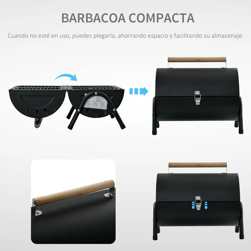 Outsunny Barbacoa de Carbón Portátil Barbacoa Sobremesa con 2 Parrillas Cocina con Asa y Cierre para Asar Picnic Camping Fiesta 42x29x45 cm Negro