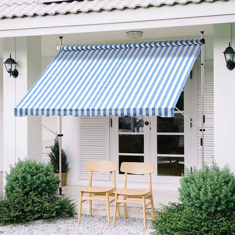 Toldo Plegable Ventana Exterior Montando en La Pared para Jardín Patio Piscina Balcón Extensible Altura Regulable en 4 Niveles con Manivela Instalación fácil 197x250x200/300cm Azul y Blanco