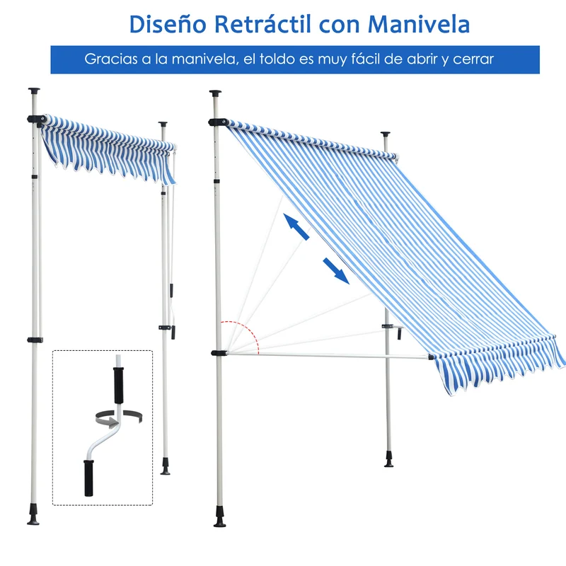 Toldo Plegable Ventana Exterior Montando en La Pared para Jardín Patio Piscina Balcón Extensible Altura Regulable en 4 Niveles con Manivela Instalación fácil 197x250x200/300cm Azul y Blanco