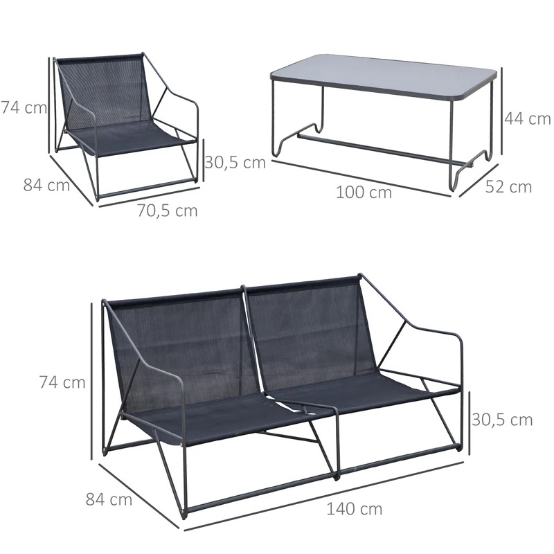 Outsunny Conjunto de Muebles de Jardín 4 Piezas Set de 1 Mesa 2 Sillones 1 Sofá con Cojines Decorativos para Terraza Patio Exterior Gris