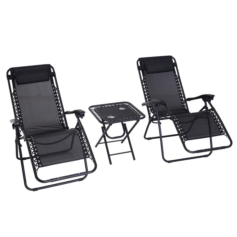 Outsunny Set de 2 Sillas de Gravedad Cero Plegables 90x65x110 cm y Mesa Auxiliar 50x50x50 cm con 2 Portavasos Sillas Reclinables con Reposacabezas para Jardín Terraza Negro