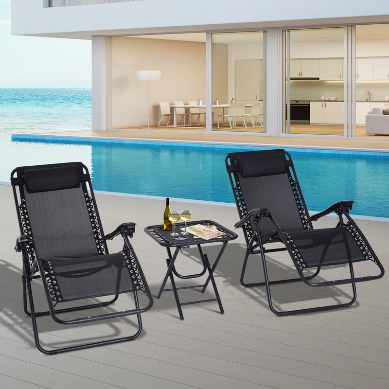 Outsunny Set de 2 Sillas de Gravedad Cero Plegables 90x65x110 cm y Mesa Auxiliar 50x50x50 cm con 2 Portavasos Sillas Reclinables con Reposacabezas para Jardín Terraza Negro