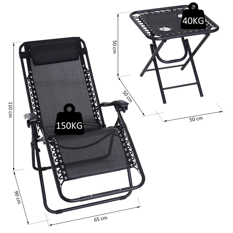 Outsunny Set de 2 Sillas de Gravedad Cero Plegables 90x65x110 cm y Mesa Auxiliar 50x50x50 cm con 2 Portavasos Sillas Reclinables con Reposacabezas para Jardín Terraza Negro