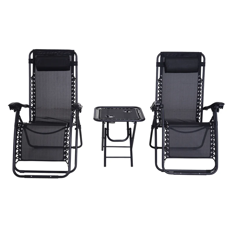 Outsunny Set de 2 Sillas de Gravedad Cero Plegables 90x65x110 cm y Mesa Auxiliar 50x50x50 cm con 2 Portavasos Sillas Reclinables con Reposacabezas para Jardín Terraza Negro
