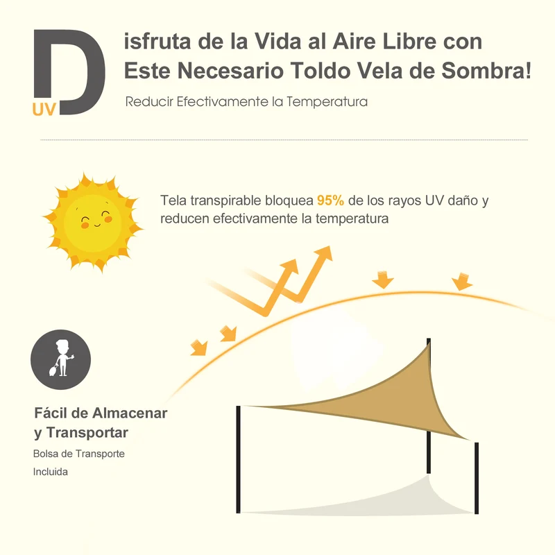 Outsunny Toldo de Vela 4x4x4 m Vela de Sombra Triangular Tela de Poliéster Anti-UV para Jardín Playa Camping Sombra Exterior Arena