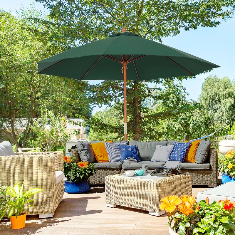 Outsunny Sombrilla Parasol con Poste Desmontable de Madera Ángulo Ajustable Ventilación Sistema de Polea para Exterior Jardín Patio Piscina Terraza Ø257x253 cm Verde Oscuro