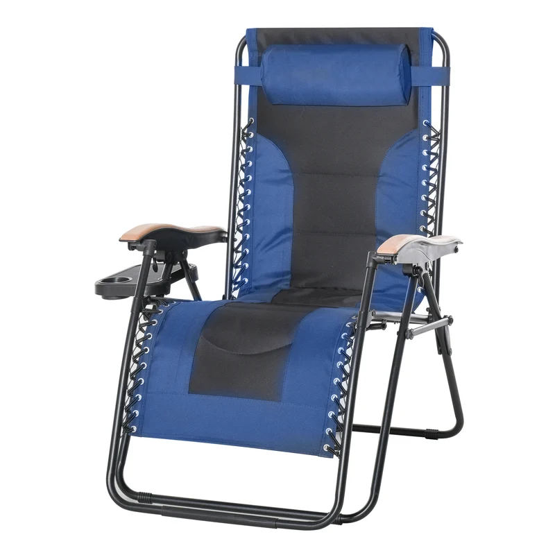 Outsunny Tumbona Plegable y Reclinable de Acero con Portavasos Reposacabezas Extraíble y Reposabrazos para Exterior Jardín 90x75x110 cm Azul