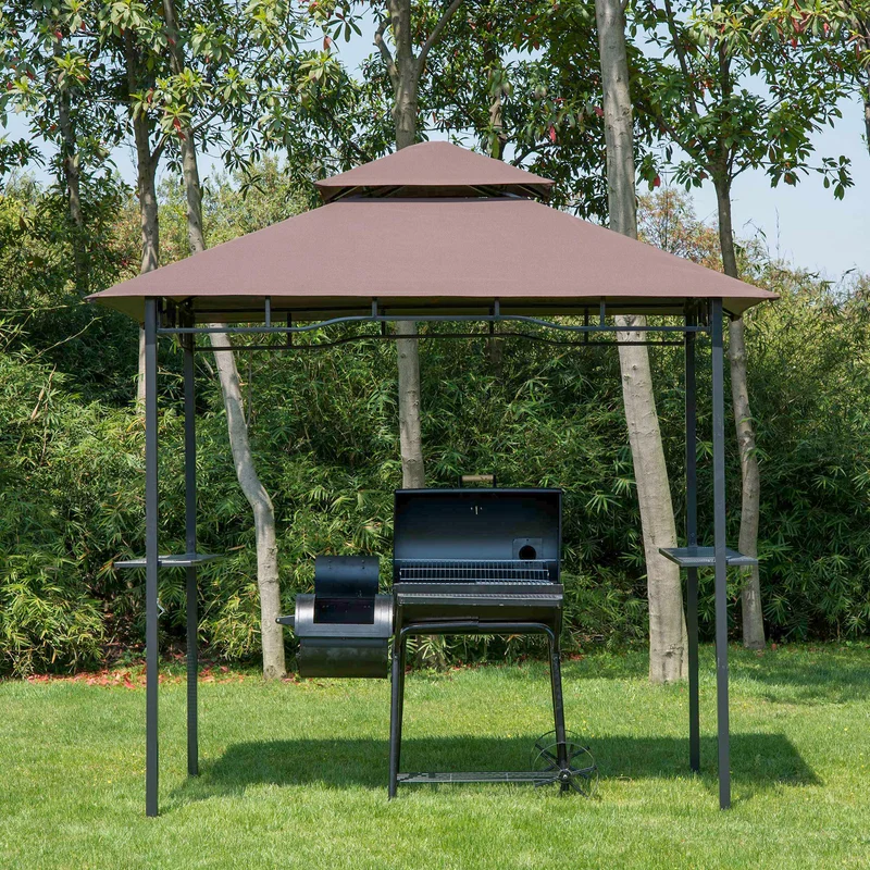 Outsunny Pabellón de Jardín 245x148 cm Cenador con Doble Techo Protección Solar 2 Estantes Laterales con Abrebotellas para Barbacoa Fiesta Eventos Exterior Color Café