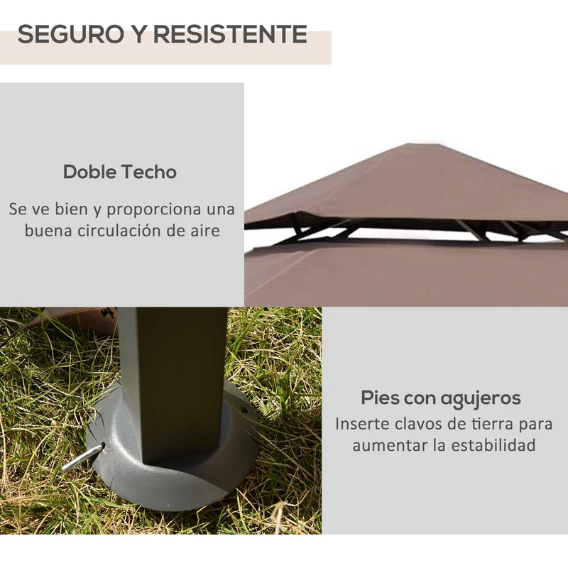 Outsunny Pabellón de Jardín 245x148 cm Cenador con Doble Techo Protección Solar 2 Estantes Laterales con Abrebotellas para Barbacoa Fiesta Eventos Exterior Color Café