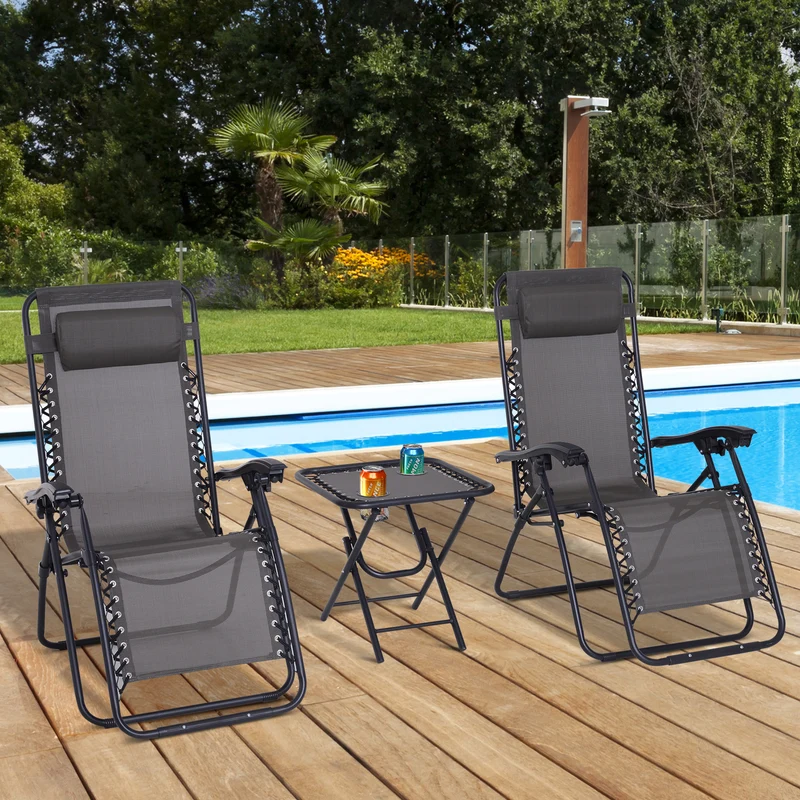 Outsunny Set de 2 Sillas de Gravedad Cero Plegables 90x65x110 cm y Mesa Auxiliar 50x50x50 cm con 2 Portavasos Sillas Reclinables con Reposacabezas para Jardín Terraza Gris