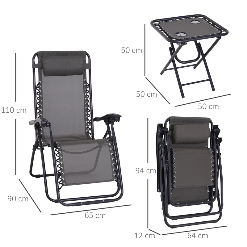 Outsunny Set de 2 Sillas de Gravedad Cero Plegables 90x65x110 cm y Mesa Auxiliar 50x50x50 cm con 2 Portavasos Sillas Reclinables con Reposacabezas para Jardín Terraza Gris