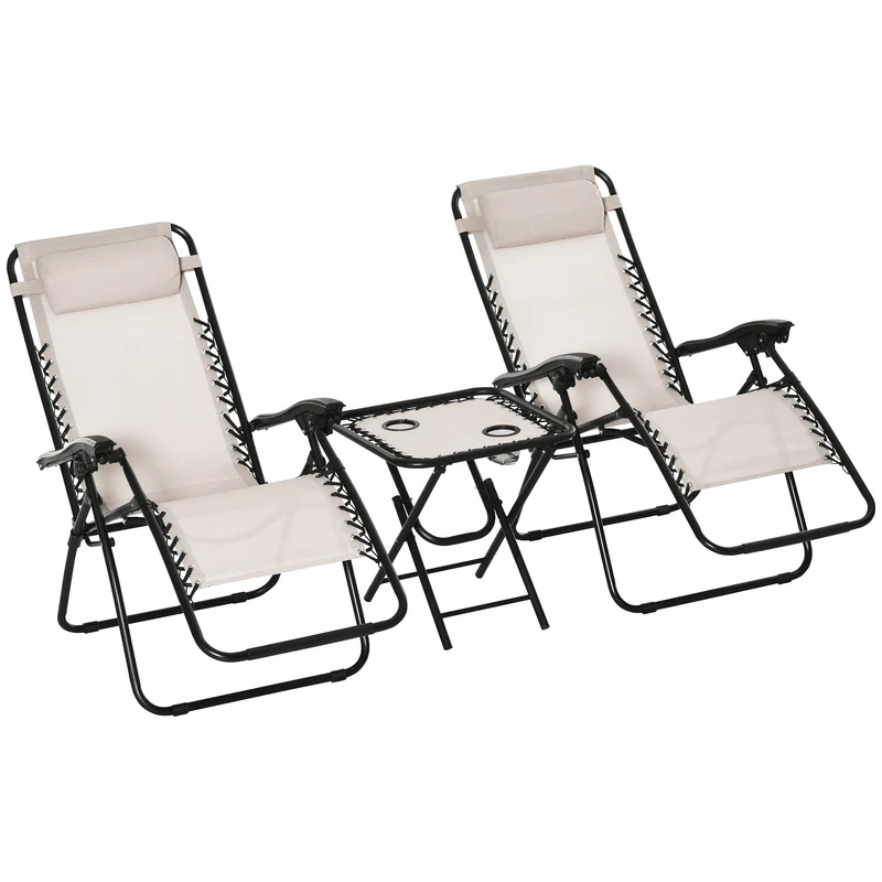 Outsunny Set de 2 Sillas de Gravedad Cero Plegables 90x65x110 cm y Mesa Auxiliar 50x50x50 cm con 2 Portavasos Sillas Reclinables con Reposacabezas para Jardín Terraza Beige
