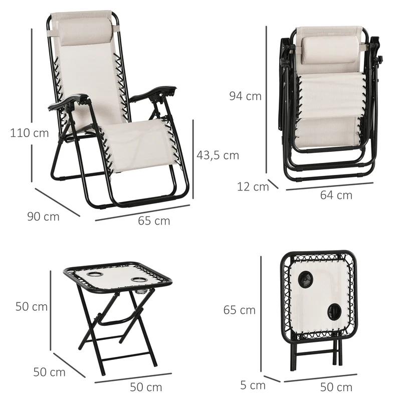 Outsunny Set de 2 Sillas de Gravedad Cero Plegables 90x65x110 cm y Mesa Auxiliar 50x50x50 cm con 2 Portavasos Sillas Reclinables con Reposacabezas para Jardín Terraza Beige