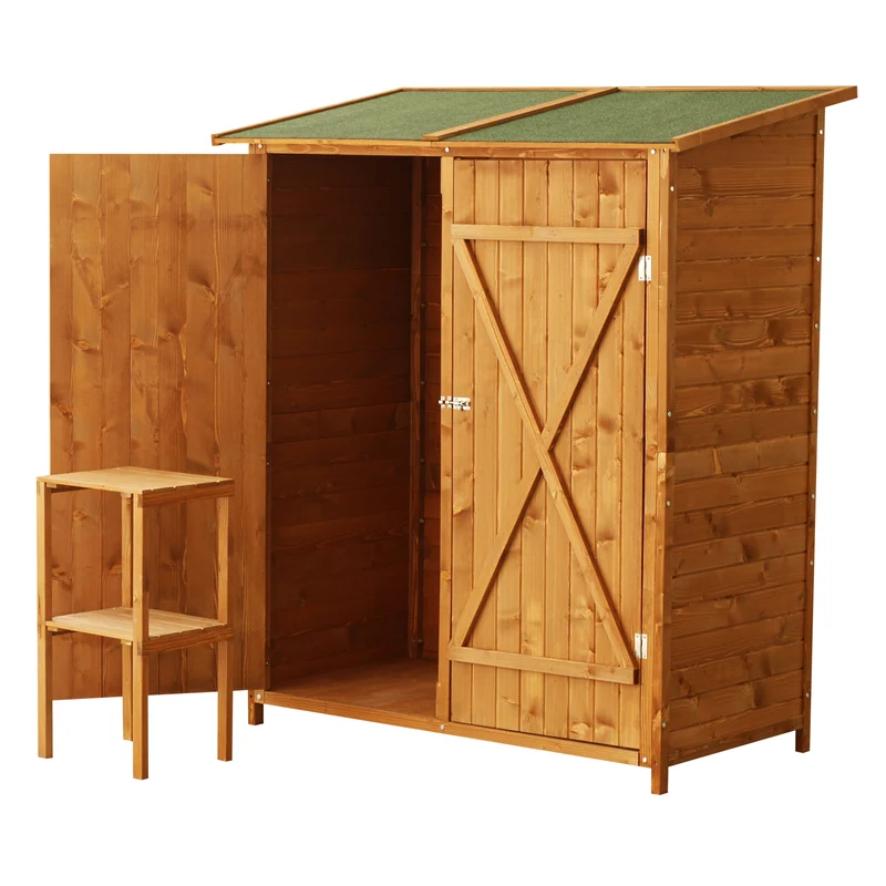 Outsunny Caseta de Jardín de Madera 139x75x160 cm Cobertizo para Almacenaje de Herramientas con Estantería Movible Puertas con Cerrojo Techo Asfáltico Madera Natural