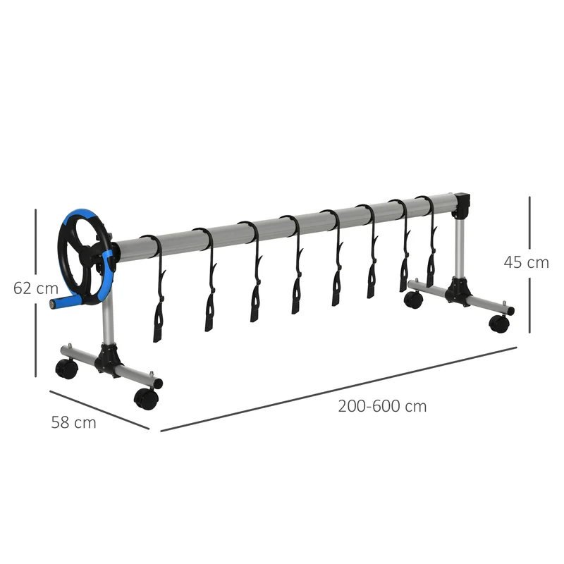 Outsunny Enrollador de Cubiertas para Piscinas con Tubo Telescópico Ajustable 2-6 m de Aluminio y 8 Correas de Fijación 4 Ruedas con Freno 600x58x62 cm Plata