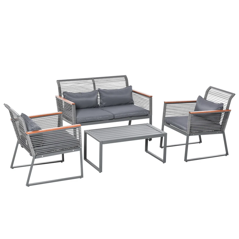 Outsunny Conjunto de Muebles de Jardín de 4 Piezas Ratán con 1 Mesa de Café 1 Sofá Doble y 2 Sillas Individuales Cojines Acolchados para Patio Terraza Gris