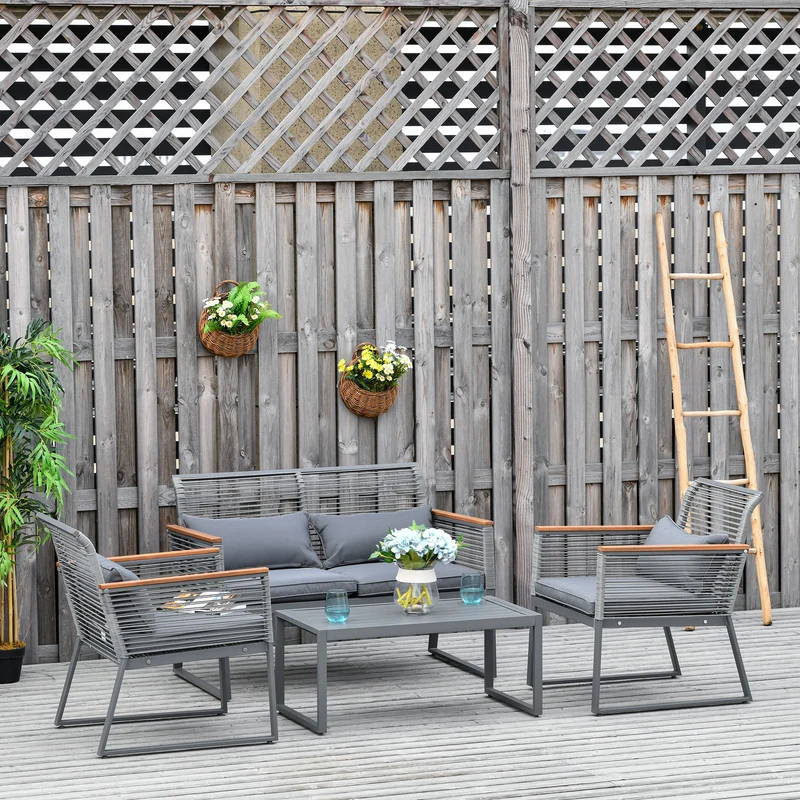 Outsunny Conjunto de Muebles de Jardín de 4 Piezas Ratán con 1 Mesa de Café 1 Sofá Doble y 2 Sillas Individuales Cojines Acolchados para Patio Terraza Gris