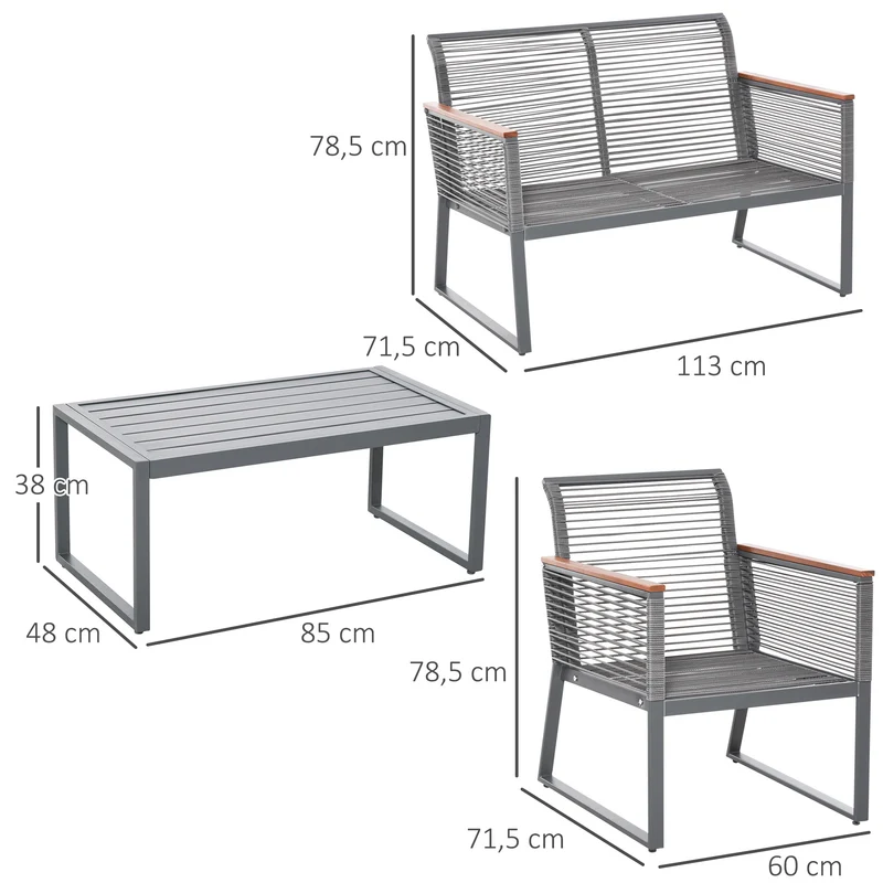 Outsunny Conjunto de Muebles de Jardín de 4 Piezas Ratán con 1 Mesa de Café 1 Sofá Doble y 2 Sillas Individuales Cojines Acolchados para Patio Terraza Gris