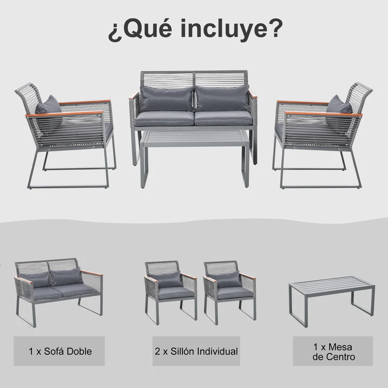 Outsunny Conjunto de Muebles de Jardín de 4 Piezas Ratán con 1 Mesa de Café 1 Sofá Doble y 2 Sillas Individuales Cojines Acolchados para Patio Terraza Gris