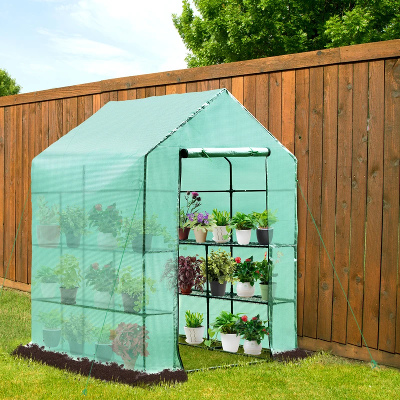 Outsunny Invernadero de Jardín Tipo Caseta Vivero Casero de Acero con 2 Niveles 4 Estantes y Puerta Enrollable para Cultivos Plantas Macetas Flores 143x143x195 cm Verde